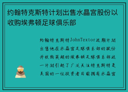 约翰特克斯特计划出售水晶宫股份以收购埃弗顿足球俱乐部